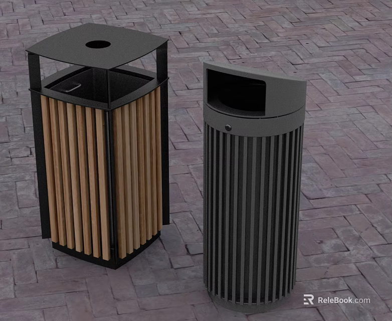 Outdoor Trash Cans With Flat Door Design Wooden Strips And Vertical Patterns 3d model