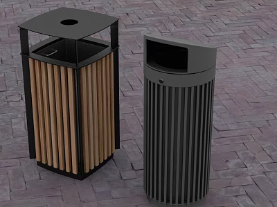 Outdoor Trash Cans With Flat Door Design Wooden Strips And Vertical Patterns 3d model