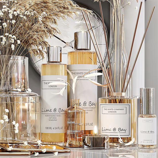 Stylish Bathroom Accessories With Reed Diffusers Fragrance Bottles And Decorative Jars 3d model 