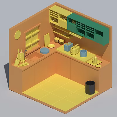 Vibrant 3D Kitchen Interior Design With Orange Cabinets Green Upper Units Yellow Floor Blue Bowls 3d model