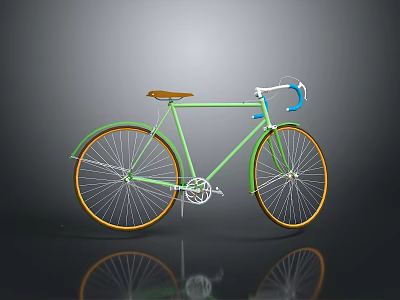 Green Vintage Bicycle With Brown Seat Yellow Rims And Blue White Handlebar On Gray Background 3d model