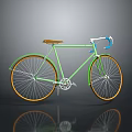 Green Vintage Bicycle With Brown Seat Yellow Rims And Blue White Handlebar On Gray Background