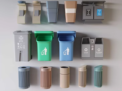 Public Facilities Including Various Colored Trash Bins For Recycling And Waste Sorting 3d model