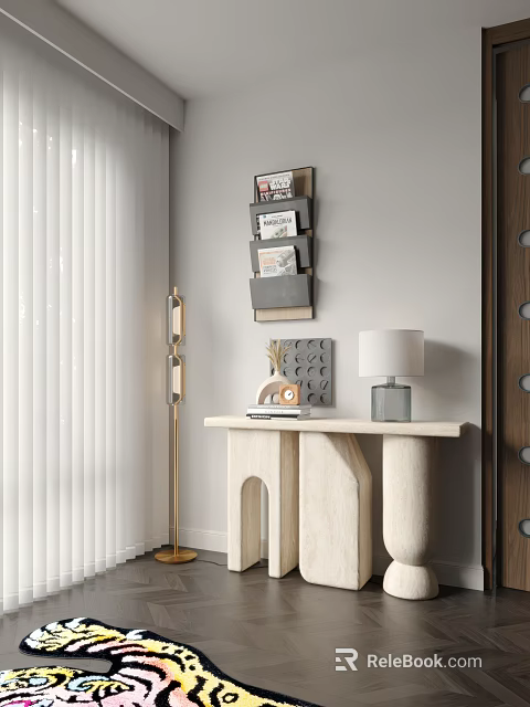 Modern Console Table With Wall Shelf Lamp And Decorative Items In Entryway 3d model