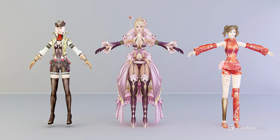 Game And Movie Characters In Colorful Costumes Pink Gown Red Dress Yellow Accents 3d model 