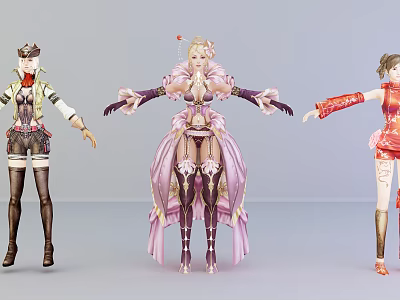 Game And Movie Characters In Colorful Costumes Pink Gown Red Dress Yellow Accents 3d model