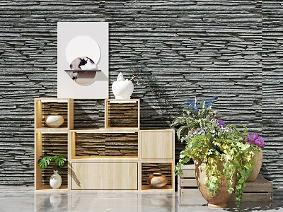 Indoor Bonsai Potted Plants On Wooden Shelves With Stone Wall Background And Green Decor 3d model