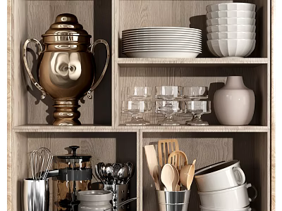 Wooden Kitchen Shelf Displaying Cooking Utensils Plates Bowls Glasses And Pots 3d model
