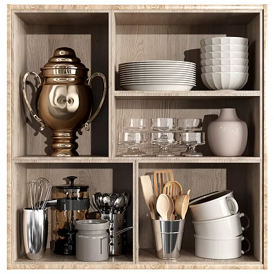 Wooden Kitchen Shelf Displaying Cooking Utensils Plates Bowls Glasses And Pots 3d model