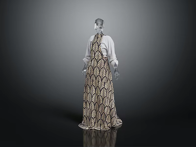Stylish Geometric Pattern Long Dress With White Top On Mannequin 3d model