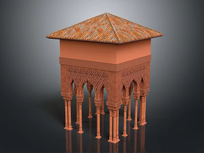 Traditional Architectural Structure With Terracotta Tiled Roof And Intricately Carved Columns 3d model
