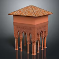 Traditional Architectural Structure With Terracotta Tiled Roof And Intricately Carved Columns