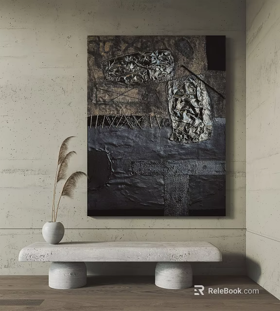 Abstract Textured Artwork With White Vase And Pampas Grass On Light Wall 3d model