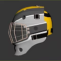 Gray Yellow And White Hockey Helmet With Metallic Protective Cage And Durable Shell Design