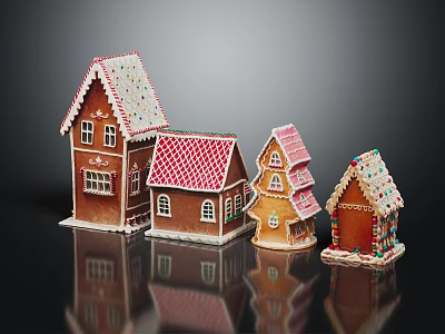 Decorated Gingerbread Houses With Various Roof Designs And Colorful Icing Details 3d model