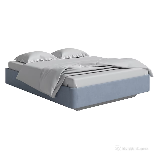Modern Double Bed with Blue Frame White Sheets and Pillows Minimalist Design 3d model 