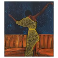 Black Woman In Yellow Lace Dress Dancing Before Brown Couch With Dark Blue Geometric Patterns
