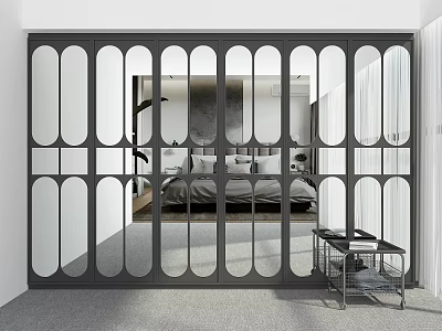 Modern Sliding Wardrobe With Glass Panels And Black Metal Frame Minimalist Design 3d model