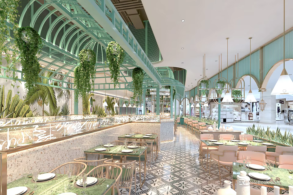 Elegant Restaurant Interior With Green Arched Structures Hanging Plants Dining Tables And Patterned Floor 3d model