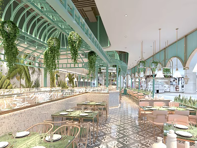 Elegant Restaurant Interior With Green Arched Structures Hanging Plants Dining Tables And Patterned Floor 3d model