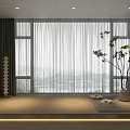 Dark Curtains And Sheer Panels For Large Windows With Scenic View And Potted Plant
