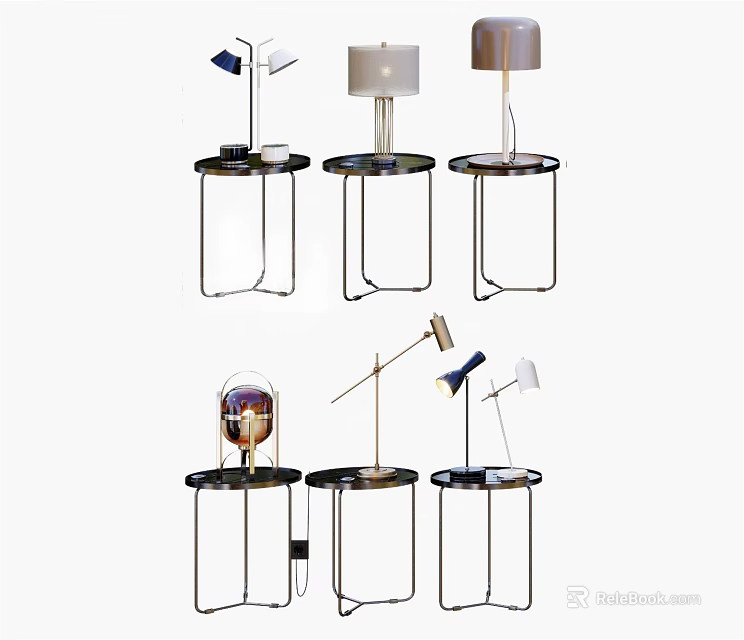 Stylish Table Lamps With Various Designs On Metal Frame Side Tables 3d model