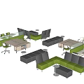 Modern Office Space Layout With Desks Chairs Green Gray Sofas And Dividers 3d model