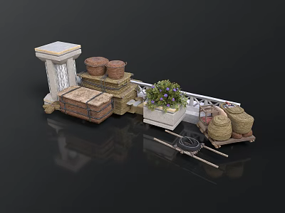 Rustic Garden Scene Components With Stone Structure Clay Pots Wooden Chest Flower Planter Wicker Baskets 3d model