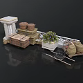 Rustic Garden Scene Components With Stone Structure Clay Pots Wooden Chest Flower Planter Wicker Baskets