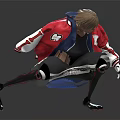 Cyborg Character In Red And White Jacket With Mechanical Legs Crouching On Reflective Surface