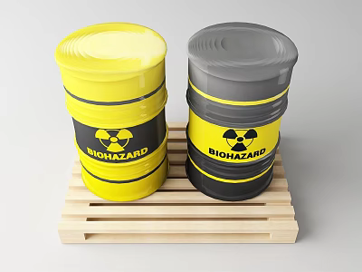 Industrial Biohazard Containment Drums Yellow And Gray On Wooden Pallet 3d model