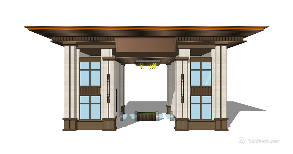 Grand Entrance Gate With White Stone Pillars Glass Windows Ceiling Lights And Brown Lintel 3d model 