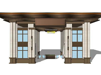 Grand Entrance Gate With White Stone Pillars Glass Windows Ceiling Lights And Brown Lintel 3d model