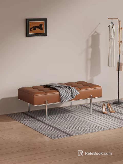 Brown Leather Shoe Bench With Diamond Stitching Metal Legs And High Heels By Coat Rack 3d model 