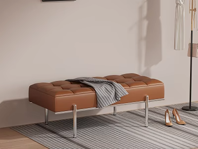 Brown Leather Shoe Bench With Diamond Stitching Metal Legs And High Heels By Coat Rack 3d model