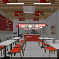 Orange Restaurant Facade With Logo Signage And Interior Tables Chairs Design