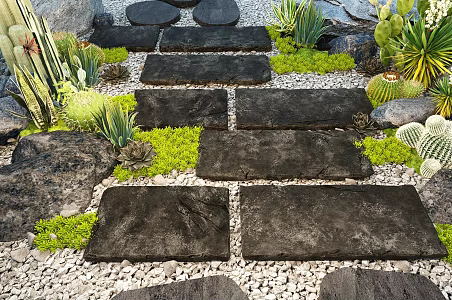 Modern landscape Tingbu green slate stone gravel succulent cactus plant 3d model