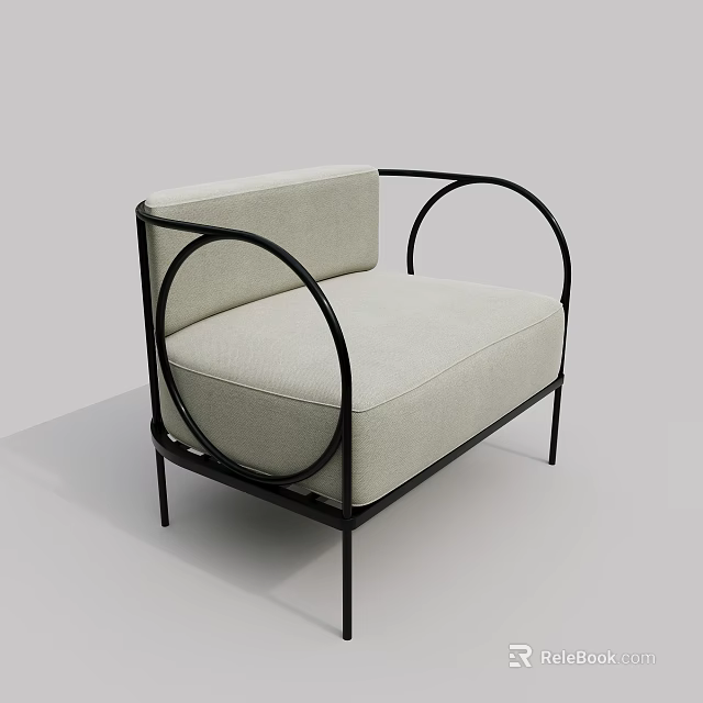 Modern Single Sofa With Light Gray Fabric And Black Circular Metal Frame 3d model