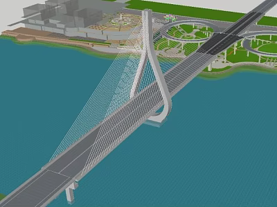 Modern Cable Stayed Landscape Bridge Spanning Water With Green Space And Road Connections 3d model