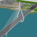 Modern Cable Stayed Landscape Bridge Spanning Water With Green Space And Road Connections