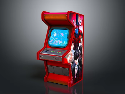 Red Arcade Machine With Classic Screen Control Panel And Anime Character Artwork 3d model