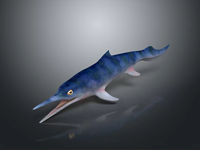 Prehistoric Aquatic Reptile with Long Snout Sharp Teeth Blue Green Body Yellow Eyes Streamlined Flippers 3d model