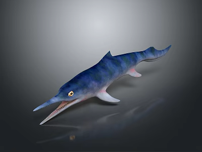 Prehistoric Aquatic Reptile with Long Snout Sharp Teeth Blue Green Body Yellow Eyes Streamlined Flippers 3d model