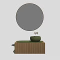 Modern Bathroom Vanity With Green Vessel Sink Round Mirror And Brass Faucet