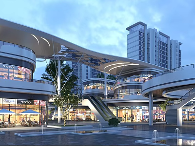 Modern Commercial Street Landscape With Glass Facades Canopies Shops Trees And Fountains 3d model