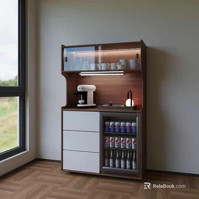 Modern Sleek Sideboard With Wooden White Finish Glass Doors Coffee Machine And Drink Storage Drawers 3d model 