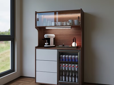 Modern Sleek Sideboard With Wooden White Finish Glass Doors Coffee Machine And Drink Storage Drawers 3d model