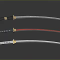 Three Traditional Samurai Swords With Decorative Handles And Colored Blades