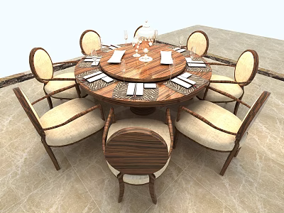 Elegant Wooden Round Dining Table Set With Six Upholstered Chairs And Tableware 3d model