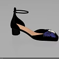 Black Velvet Women Shoes With Ankle Strap Block Heel And Blue Butterfly Decoration